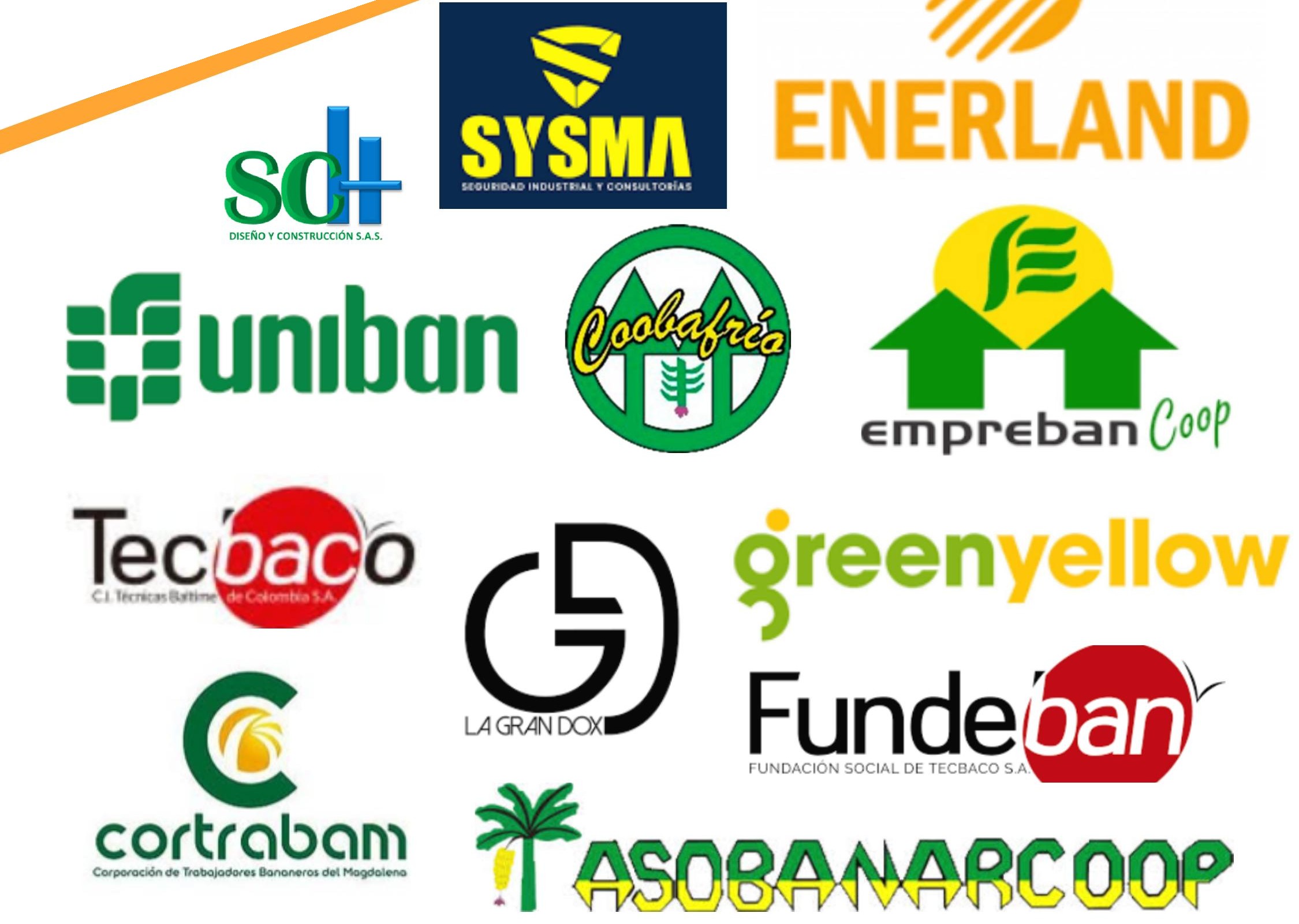 Logos de clientes: SySMA, Enerland, SDH, Uniban, Coobafría, Emprebán Coop, Tecbaco, La Gran Dox, greenyellow, Fundebán, Cortrabam, Asobanarcoop